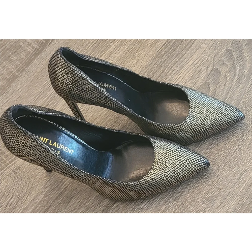 SAINT LAURENT Metallic Snake-Effect Leather Pumps Heels Size 9.5 | YSL